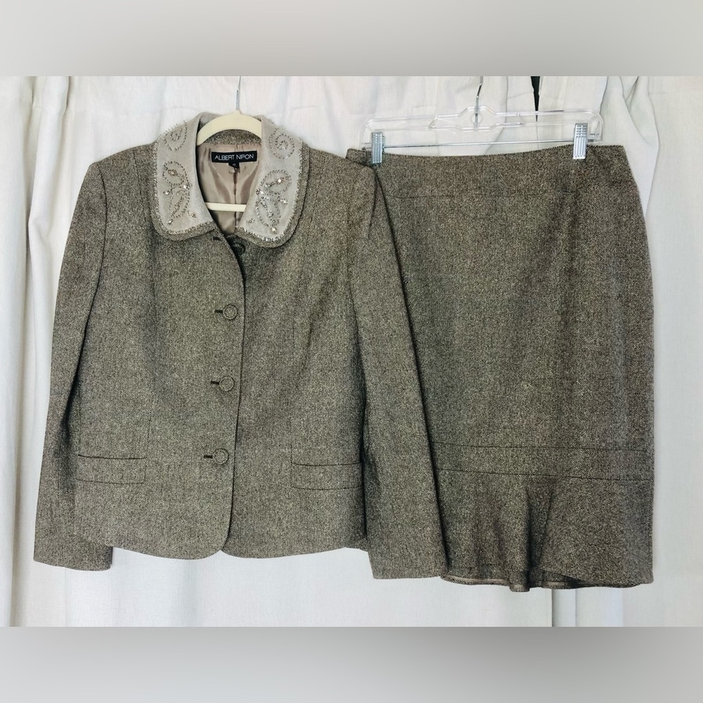 Albert Nipon 2Pc Suit Blazer Skirt Wool Silk Beaded Collar Lined Brown Tweed 12